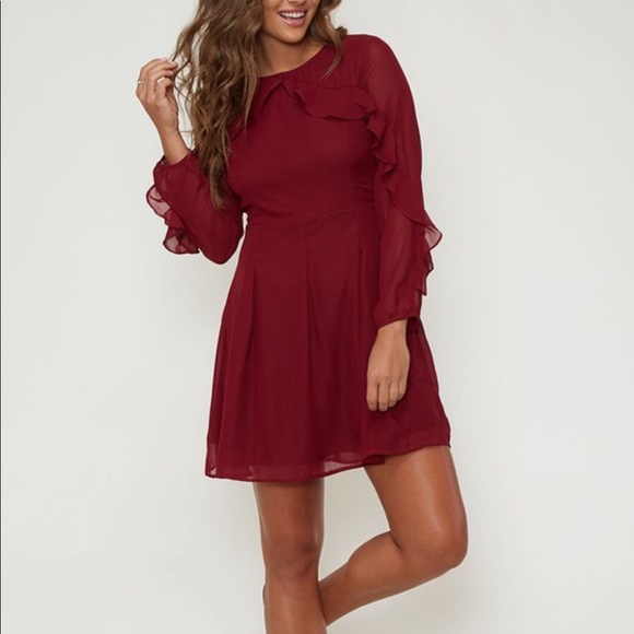 Burgundy Long Sleeve Ruffled Detail Dress - Picture 3 of 6